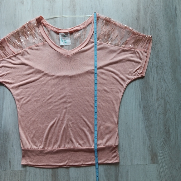 Threads V-neck Mesh Sequined Dolman Short Sleeve T-shirt Top Blush Pink Medium - Picture 9 of 10
